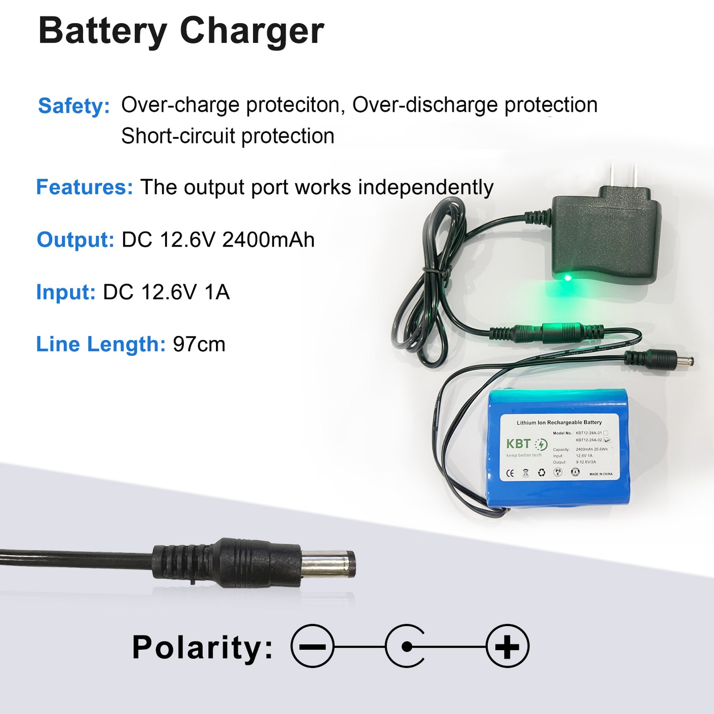 KBT 12V 2400mAh Rechargeable Li-ion Battery, DC5521 Male Connector, Replacement Battery Pack with Charger Compatible with 12V Device RC Car, Boat, Robot, DIY, LED Light Strip, CCTV Camera