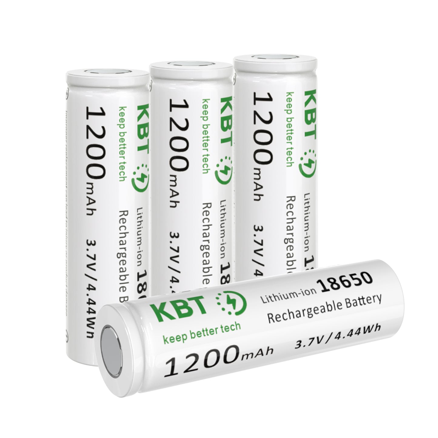 KBT 3.7V 1200mAh 18650 Rechargeable Battery, Flat Top - 4pack