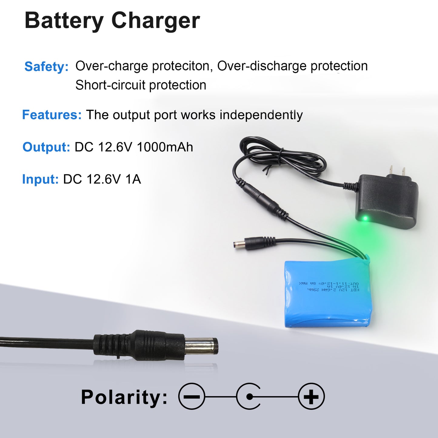 KBT 12V 2600mAh Rechargeable Li-ion Battery, DC5521 Male Connector, Replacement Battery Pack with Charger Compatible with 12V Device RC Car, Boat, Robot, DIY, LED Light Strip, CCTV Camera