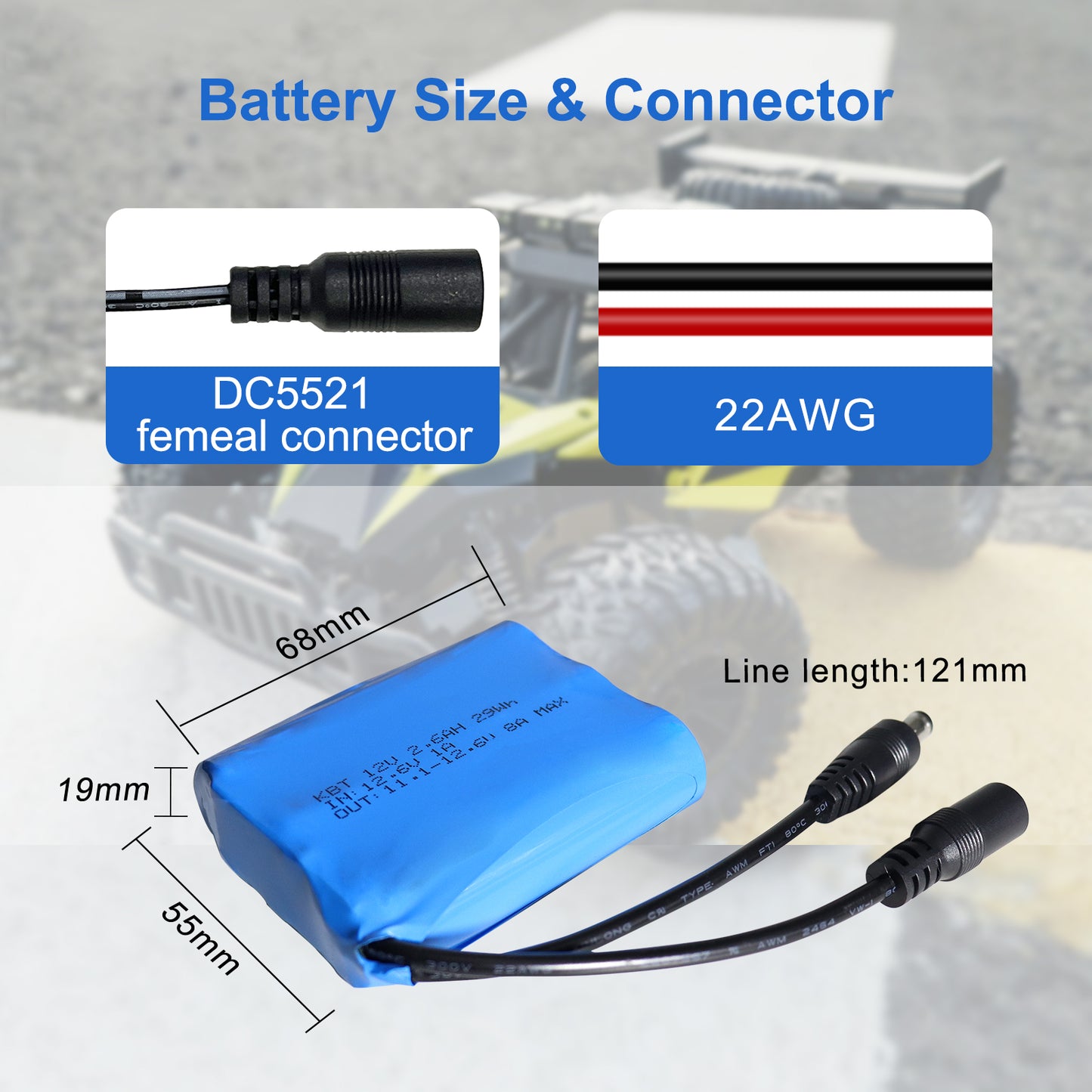 KBT 12V 2600mAh Rechargeable Li-ion Battery, DC5521 Male Connector, Replacement Battery Pack with Charger Compatible with 12V Device RC Car, Boat, Robot, DIY, LED Light Strip, CCTV Camera