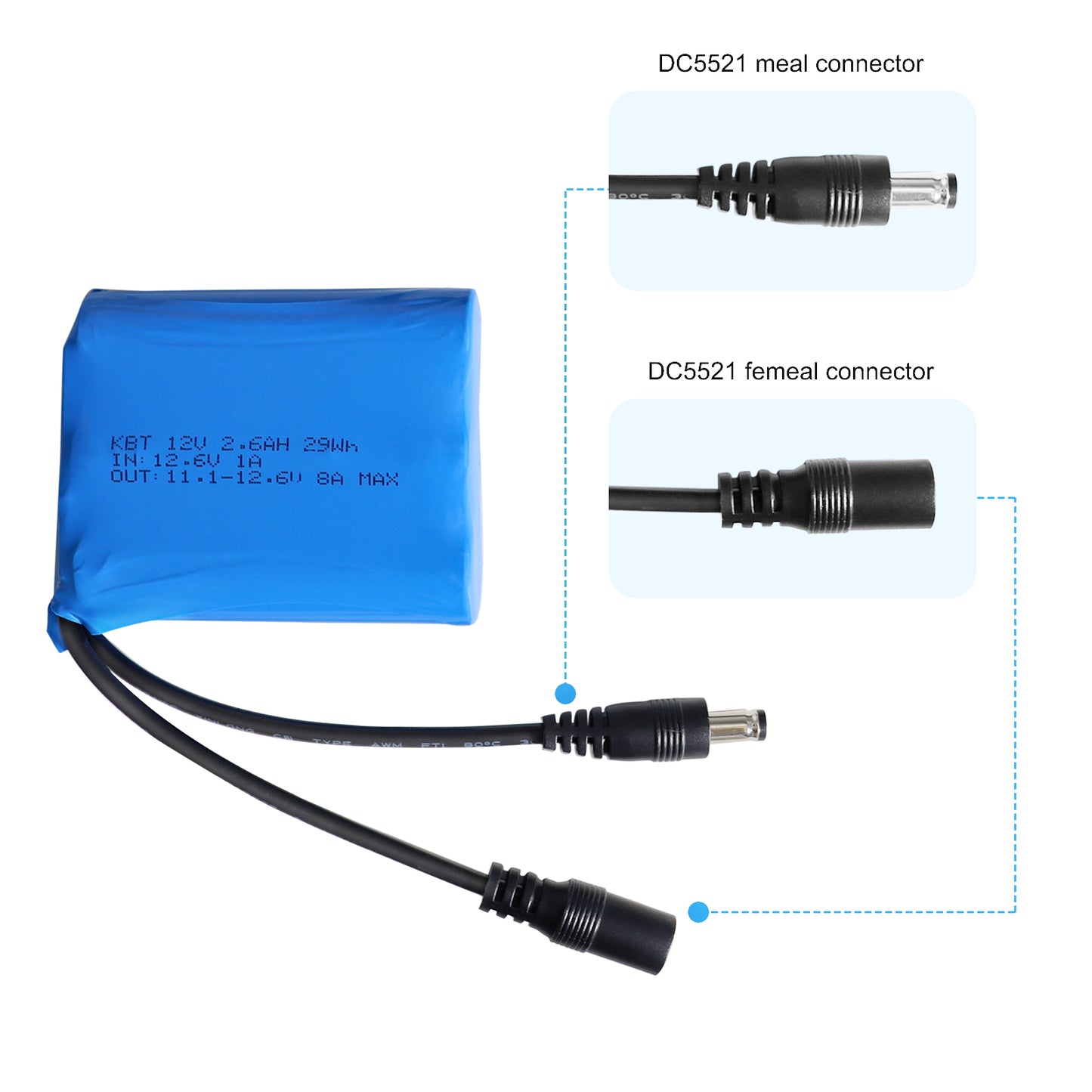 KBT 12V 2600mAh Rechargeable Li-ion Battery, DC5521 Male Connector, Replacement Battery Pack with Charger Compatible with 12V Device RC Car, Boat, Robot, DIY, LED Light Strip, CCTV Camera