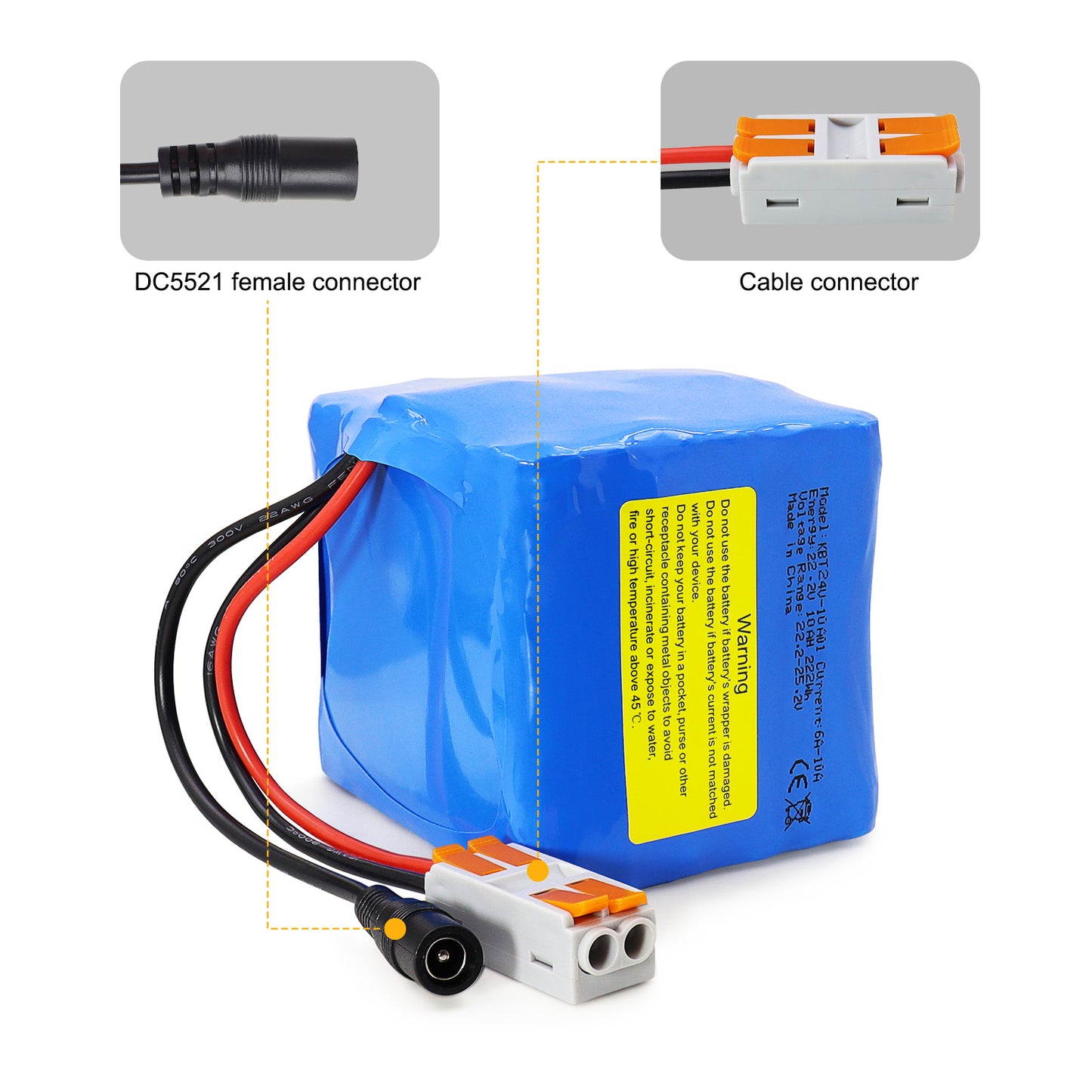 KBT 24V 10Ah Rechargeable Lithium Battery with Charger, Charging Cable, Cable Connector