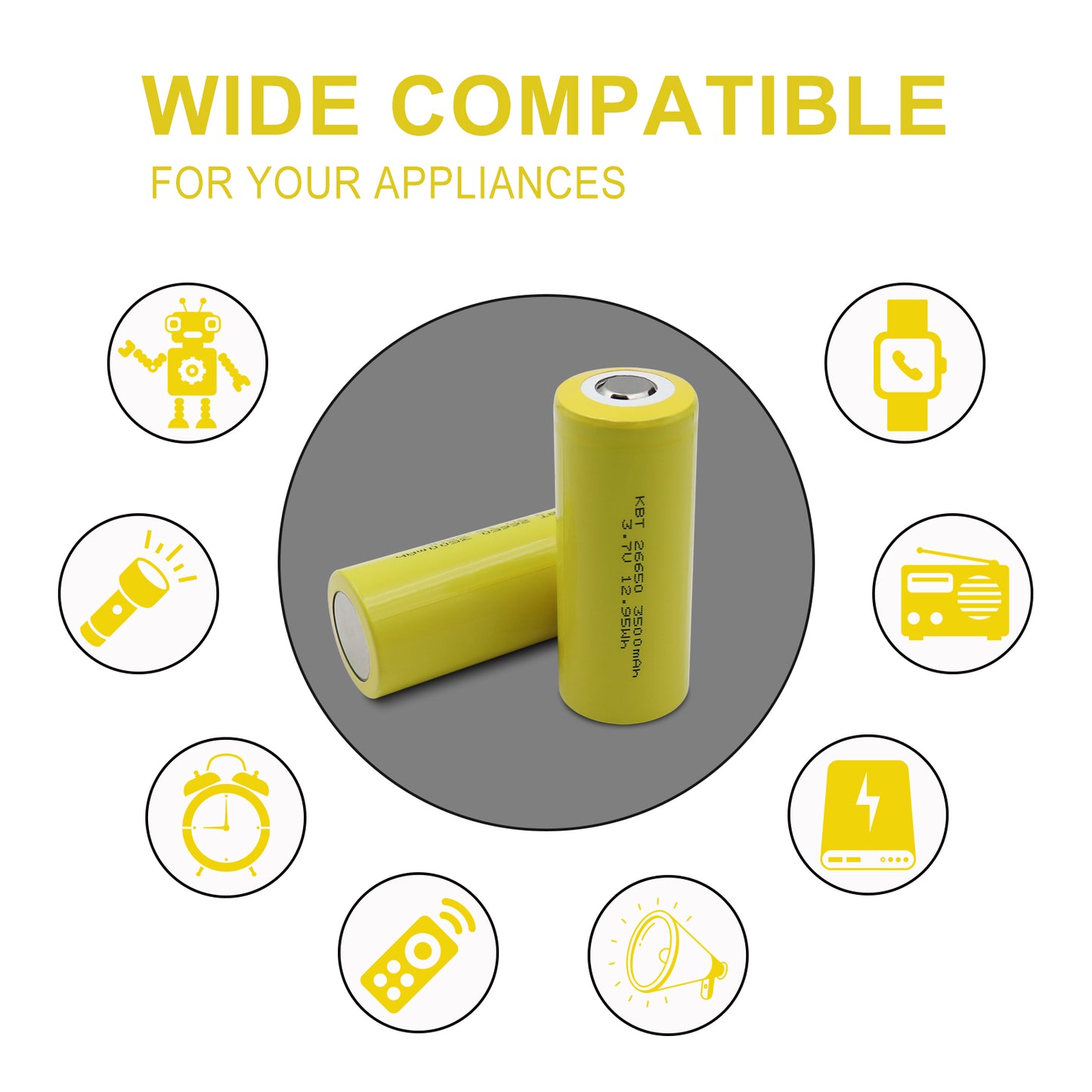 KBT 3.7V 3500mAh 26650 Rechargeable Battery, Flat Top - 2pack
