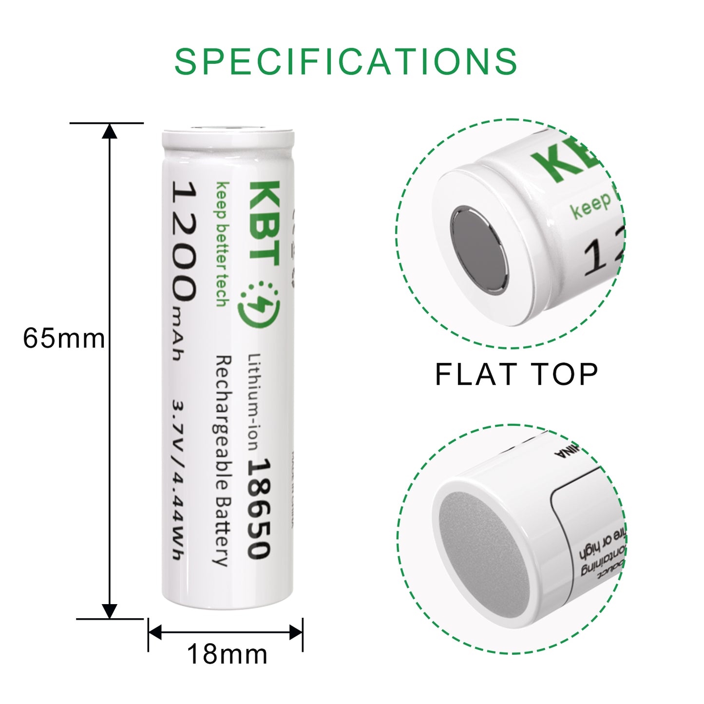KBT 3.7V 1200mAh 18650 Rechargeable Battery, Flat Top - 4pack