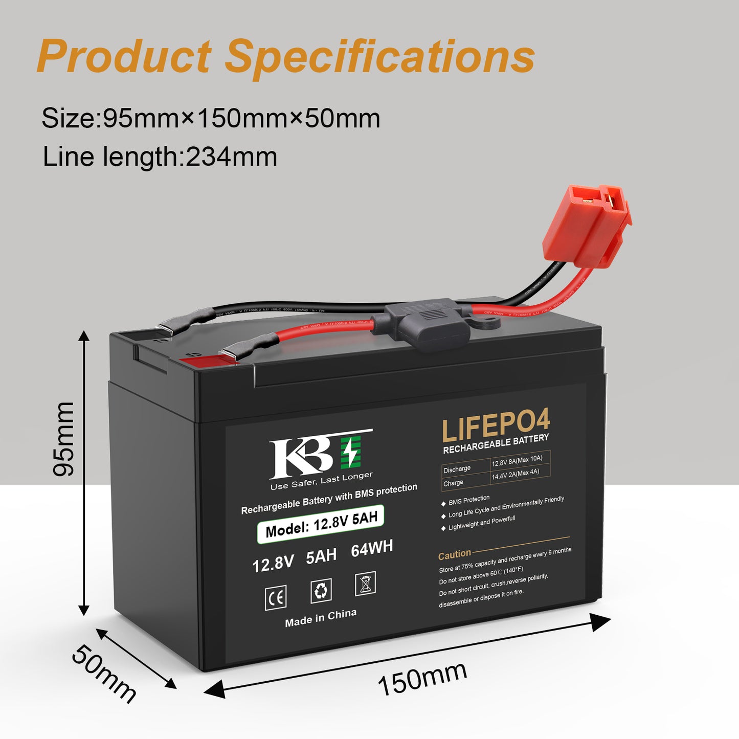 KBT 12V 5Ah Rechargeable LiFePO4 Lithium Battery Replacement for for 12-Volt Ride On Vehicle with Red 2 Pins Connector, Kid Ride-On Vehicles, with Fuse & 10A Battery BMS