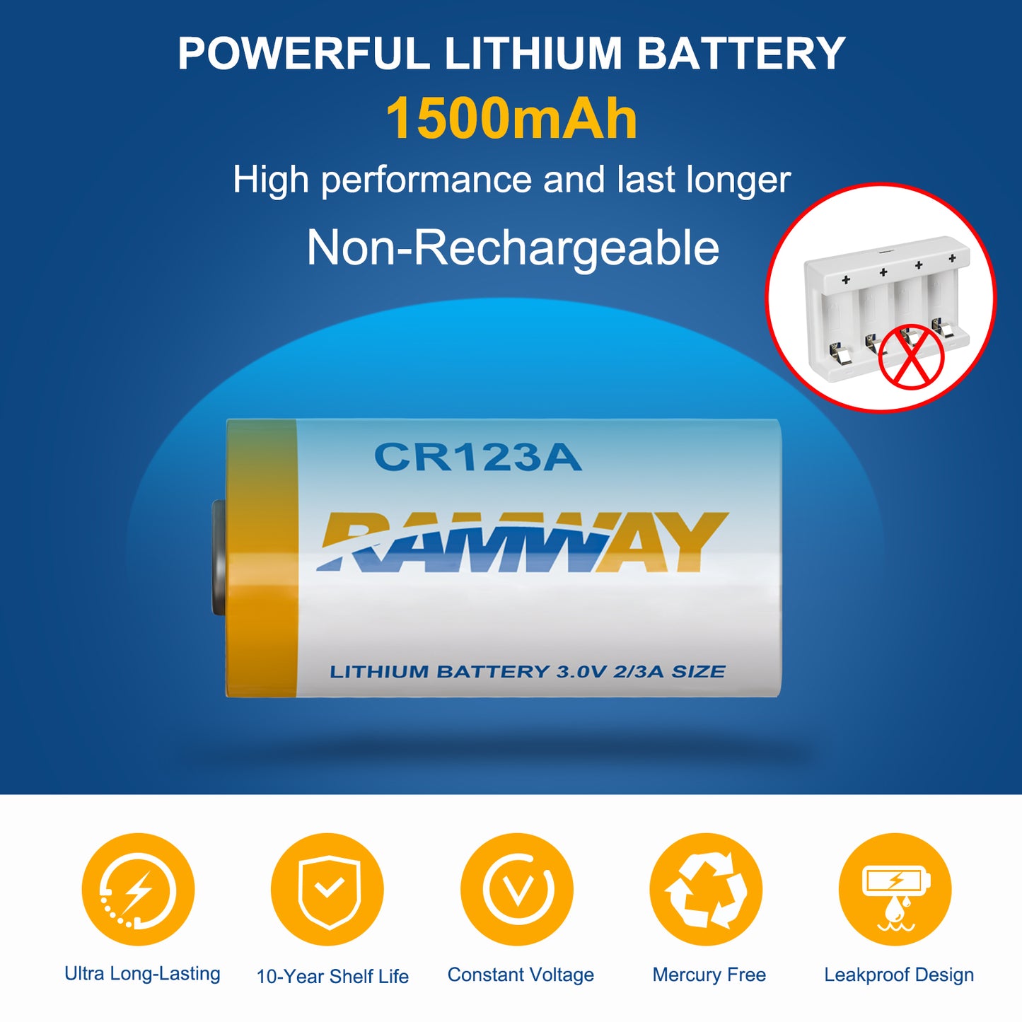 RAMWAY CR123A 3V Lithium Battery 6 Pack, High Power 1500mAh, Photo Camera Lithium Battery, 10 Years Shelf Life Long-Lasting for Home Safety Security Devices, High-Intensity Flashlights