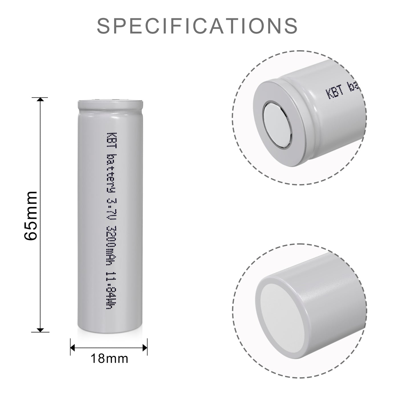 KBT 3.7V 3200mAh 18650 Rechargeable Battery, Flat Top - 1pack