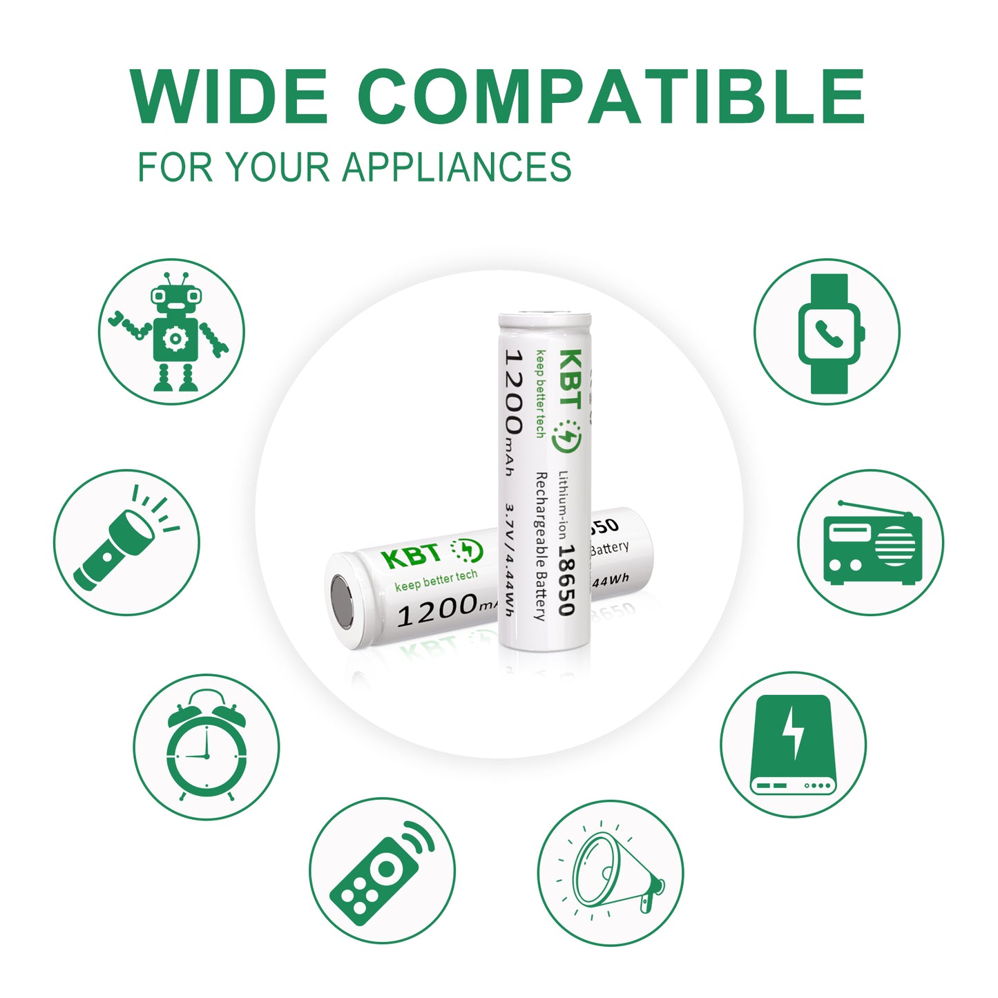 KBT 3.7V 1200mAh 18650 Rechargeable Battery, Flat Top - 4pack