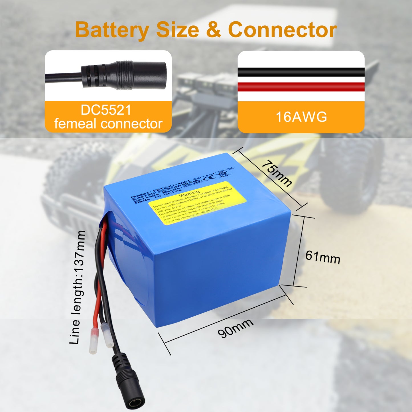 KBT 24V 4Ah Rechargeable Lithium Replacement Battery, with Charger, Charging Cable, Cable Connector for Kids Ride On Cars, Boom Box Speaker, DIY Project
