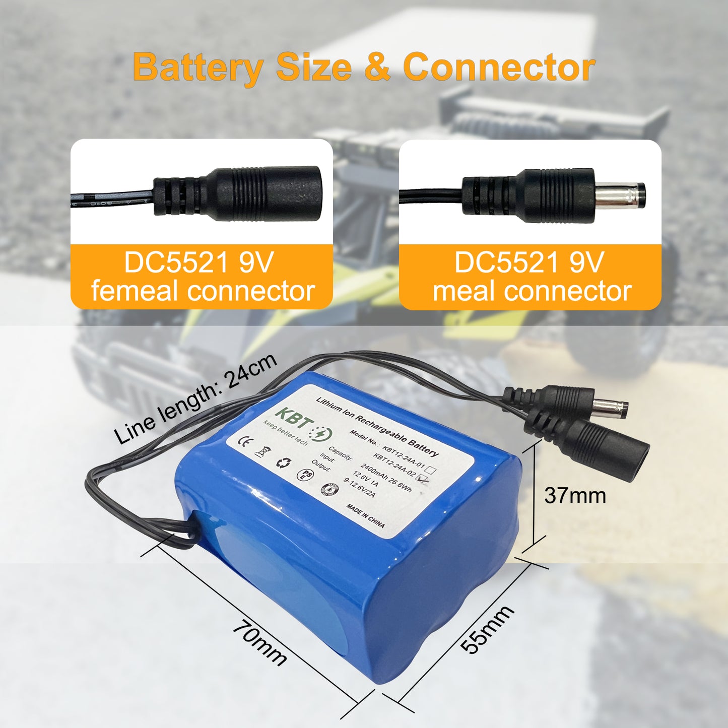 KBT 12V 2400mAh Rechargeable Li-ion Battery, DC5521 Male Connector, Replacement Battery Pack with Charger Compatible with 12V Device RC Car, Boat, Robot, DIY, LED Light Strip, CCTV Camera