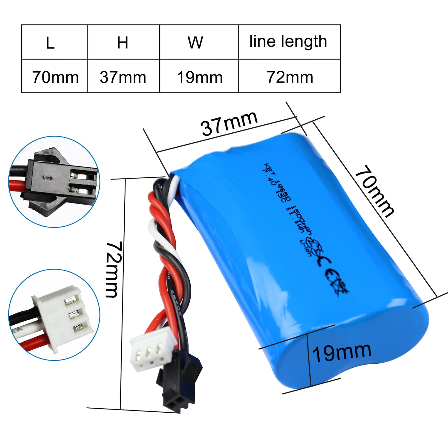 KBT RC Car Lithium Battery: 7.4V 1500mAh Rechargeable Li-ion Battery, 15C High Drain Discharge Batteries for RC Cars, Boat Spare Parts Accessories
