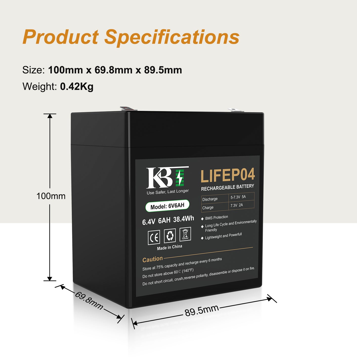 KBT 6V 6Ah Rechargeable LiFePO4 Lithium Replacement Battery, Long Lasting Life, with Charger, Charging Cable, Cable Connector, for Kids Ride On Toys, Pet Feeders, Emergency Lights, Deer Game Feeder