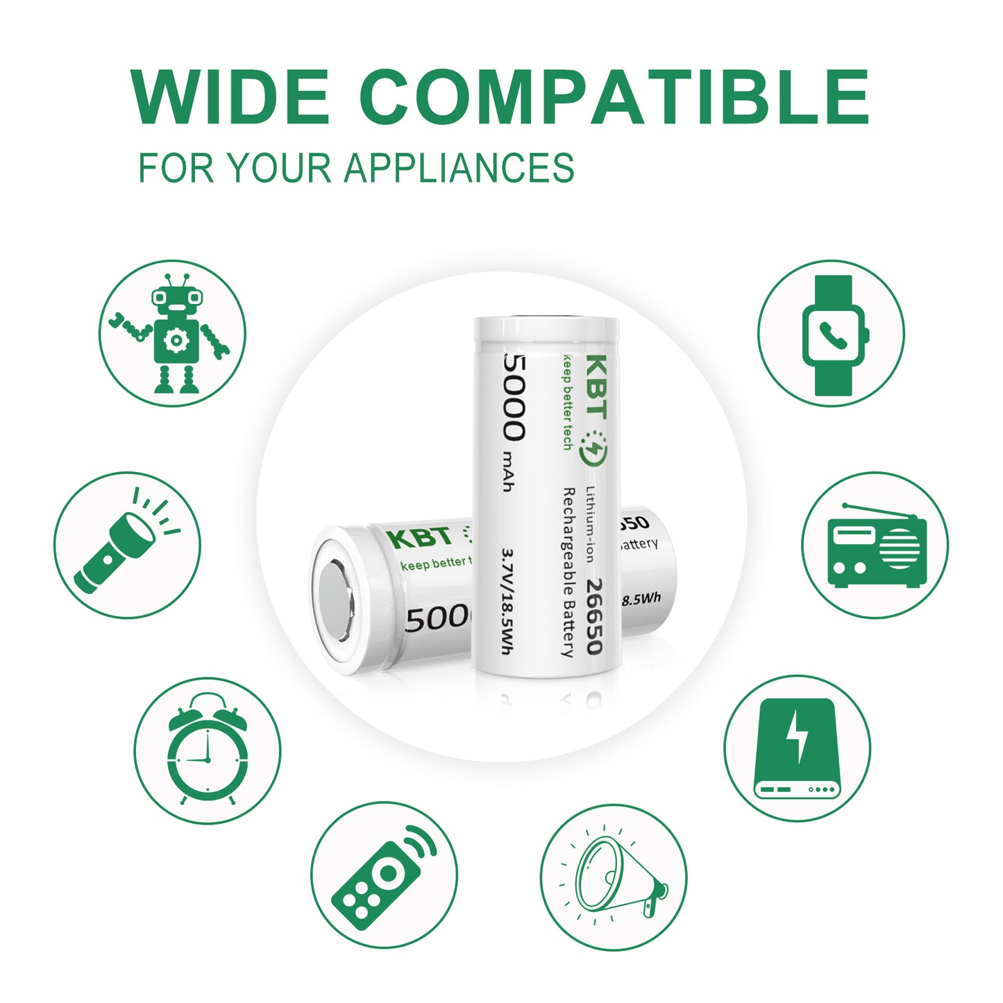 KBT 3.7V 5000mAh 26650 Rechargeable Battery, Flat Top - 2pack