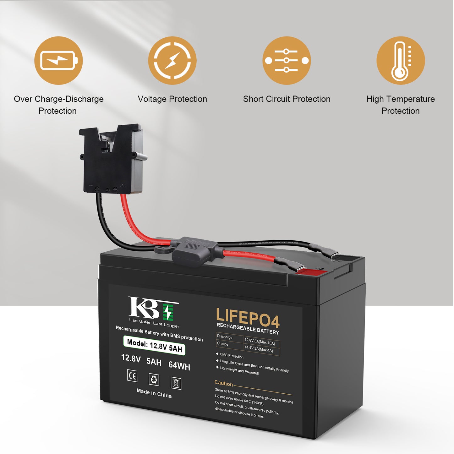 KBT 12V 5Ah Rechargeable LiFePO4 Lithium Battery Replacement for Fisher Price Powered Wheels 12 Volt Battery, Ride-On Vehicles, with Fuse & 10A Battery BMS