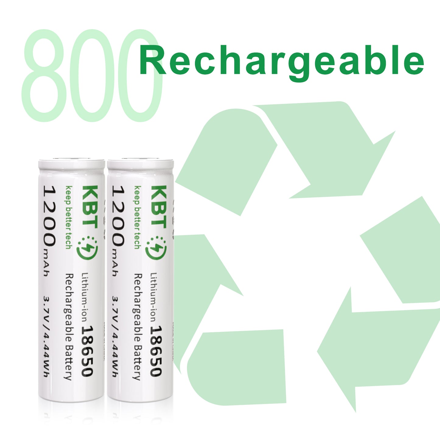 KBT 3.7V 1200mAh 18650 Rechargeable Battery, Flat Top - 4pack