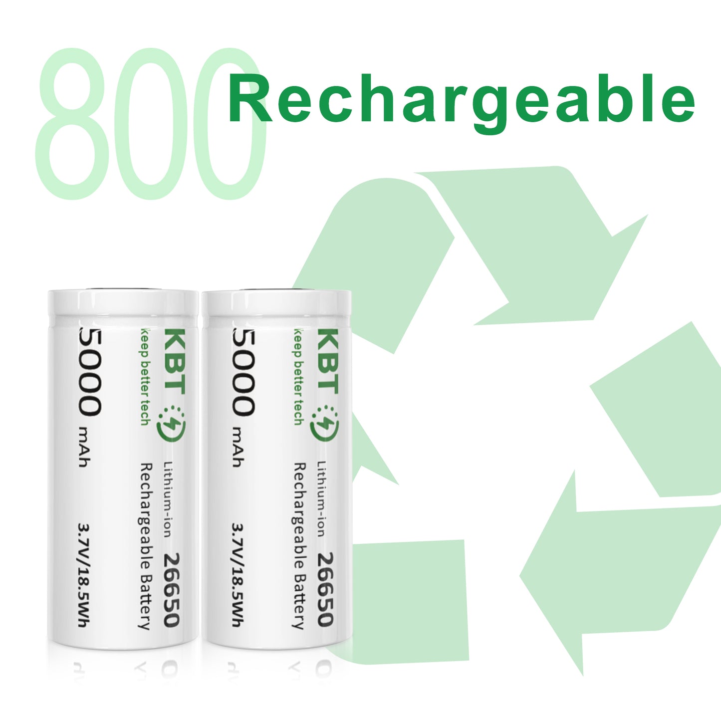 KBT 3.7V 5000mAh 26650 Rechargeable Battery, Flat Top - 2pack