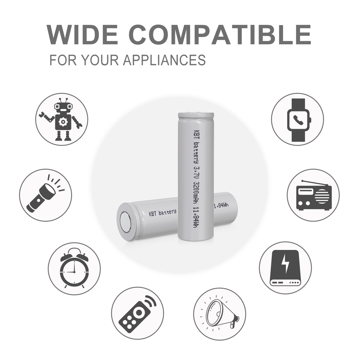 KBT 3.7V 3200mAh 18650 Rechargeable Battery, Flat Top - 2pack