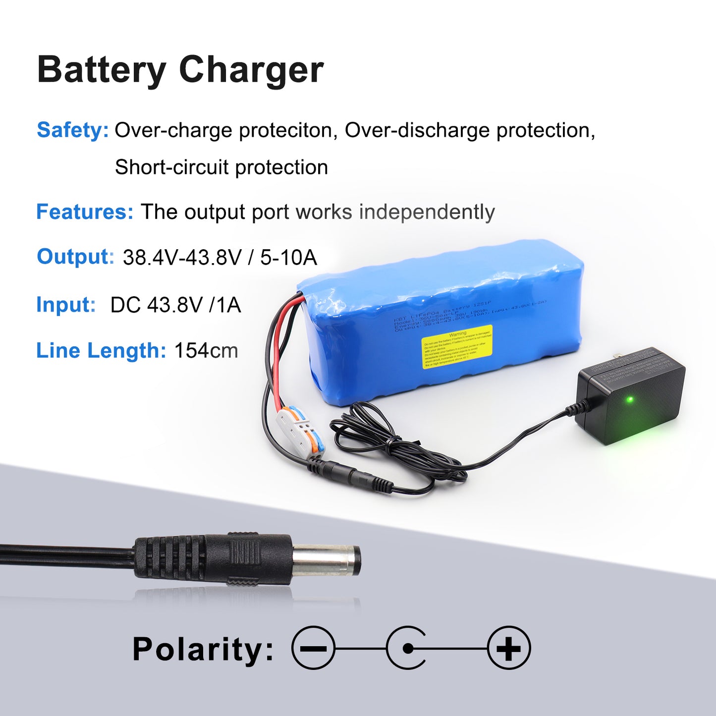 KBT 36V 5Ah Rechargeable LiFePO4 Battery Pack, with Charger, Charging Cable, Cable Connector, Build-in 10A BMS
