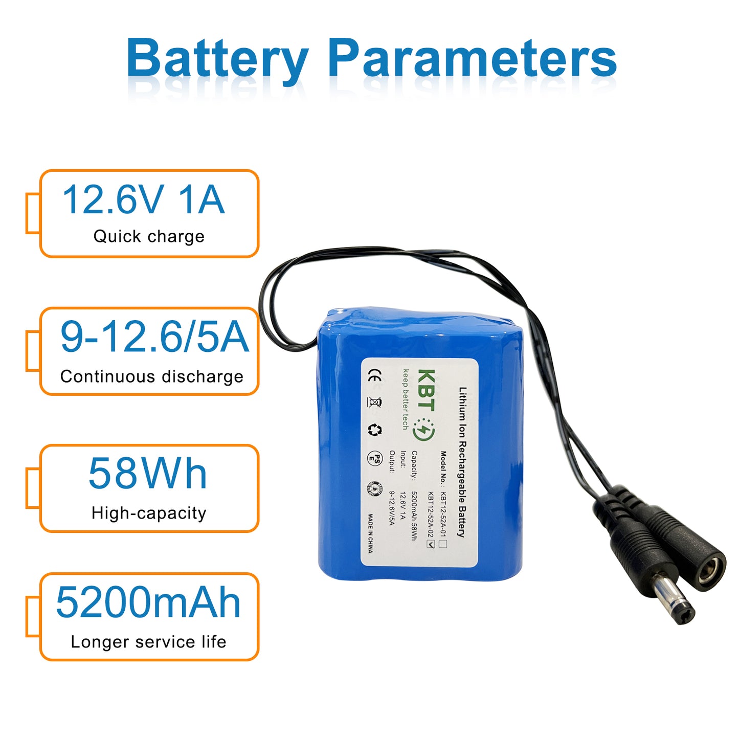 KBT 12V 5200mAh Rechargeable Li-ion Battery, DC5521 Male Connector, Replacement Battery Pack with Charger Compatible for 12V Device RC Car, Boat, Robot, DIY, LED Light Strip, CCTV Camera