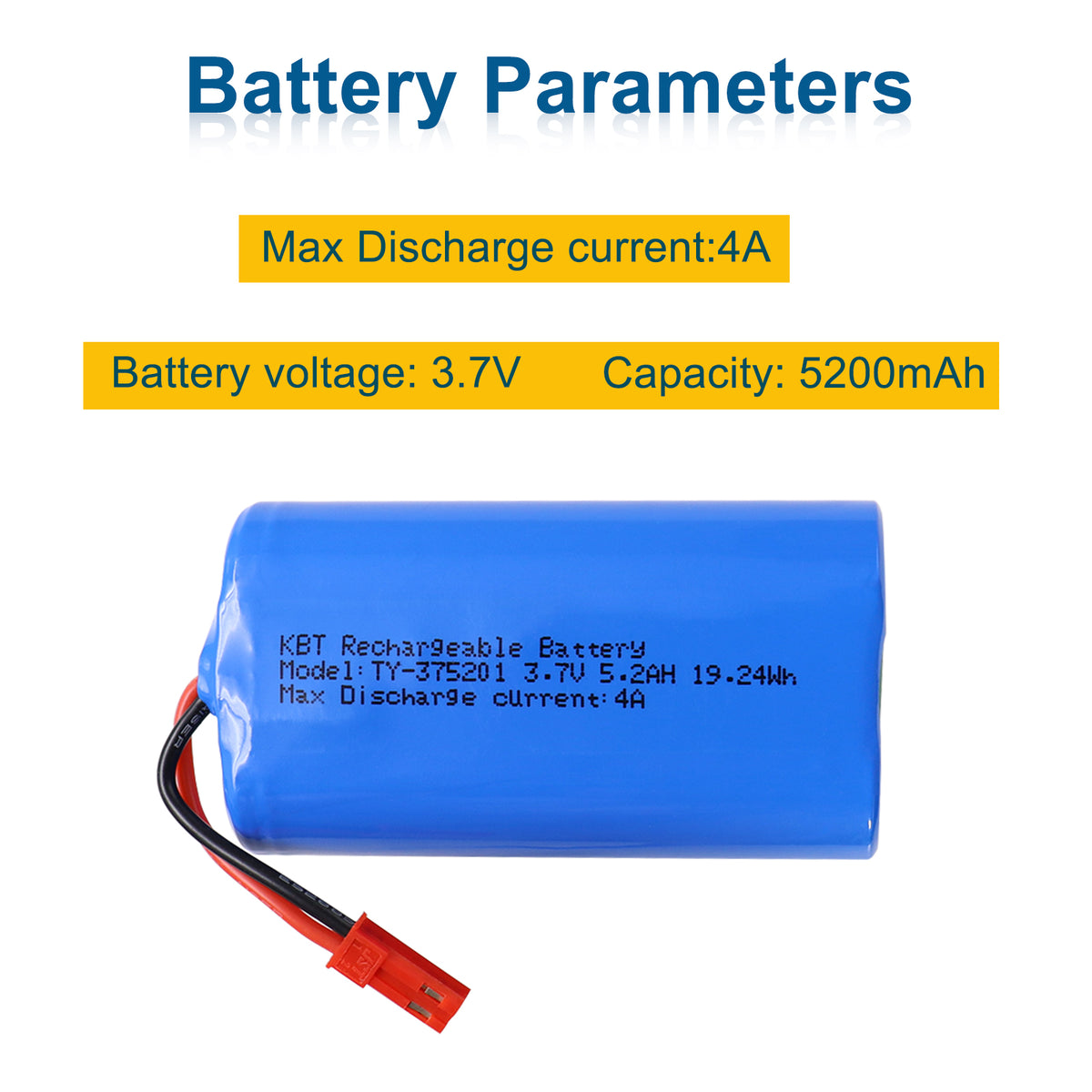KBT 3.7V 5200mAh Li-ion Battery, JST Red Plug Connector for RC Car Toys