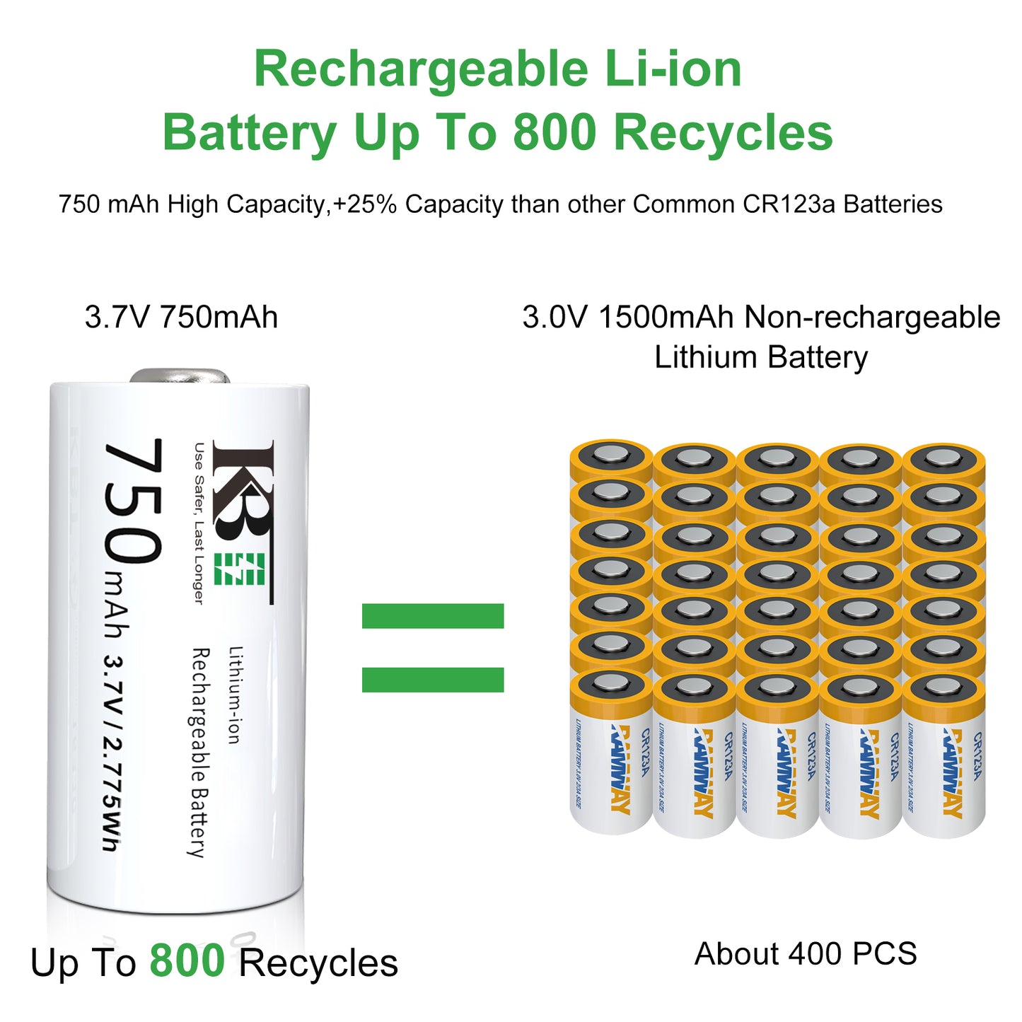 KBT 3.7V 750mAh 16340 Rechargeable Battery ( CR123A Batteries ) for Arlo Camera, Button Top