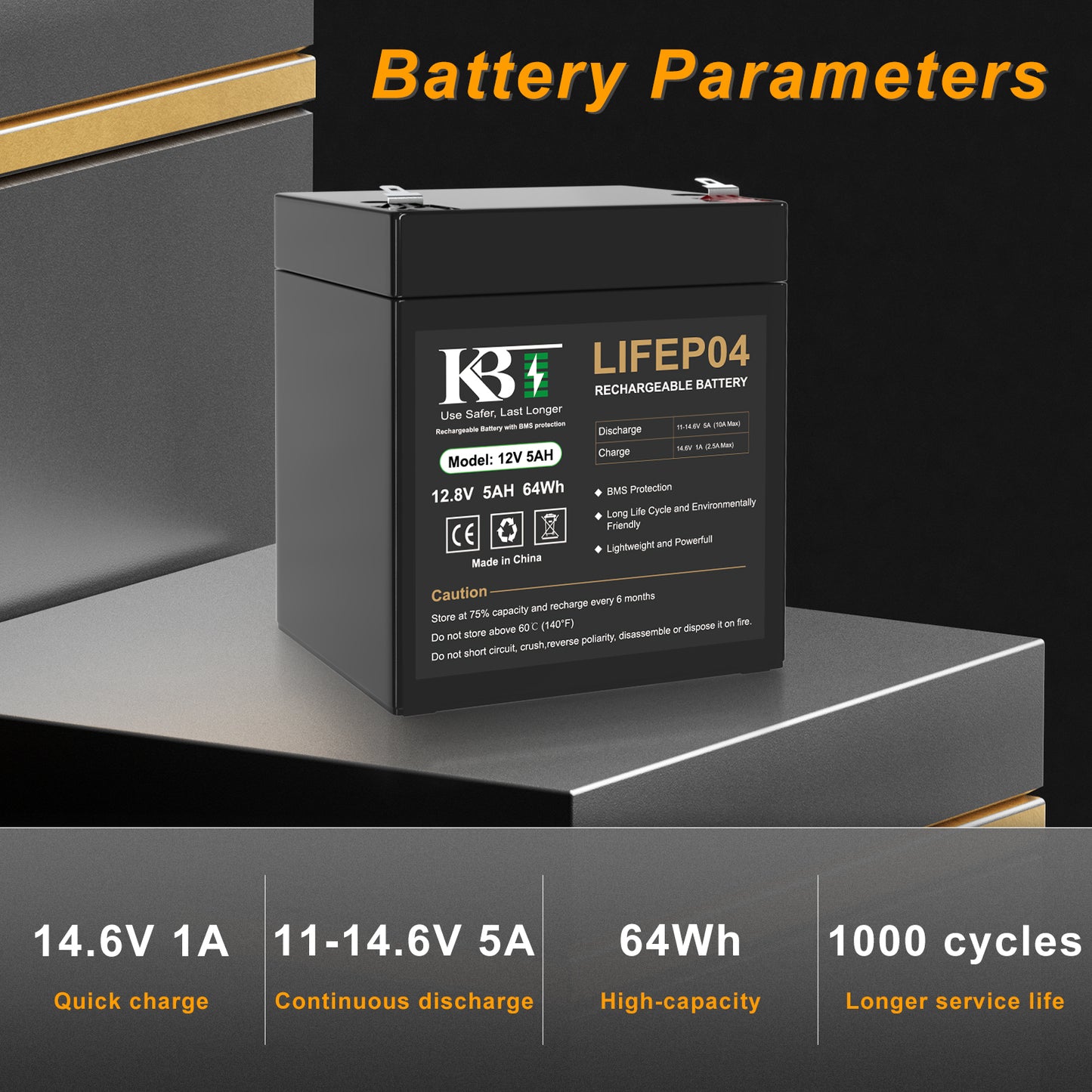 KBT 12V 5Ah Rechargeable LiFePO4 Battery for Ride On Car, Security Alarms, Garage Door Openers for Chamberlain, Genie, Liftmaster, Craftsman