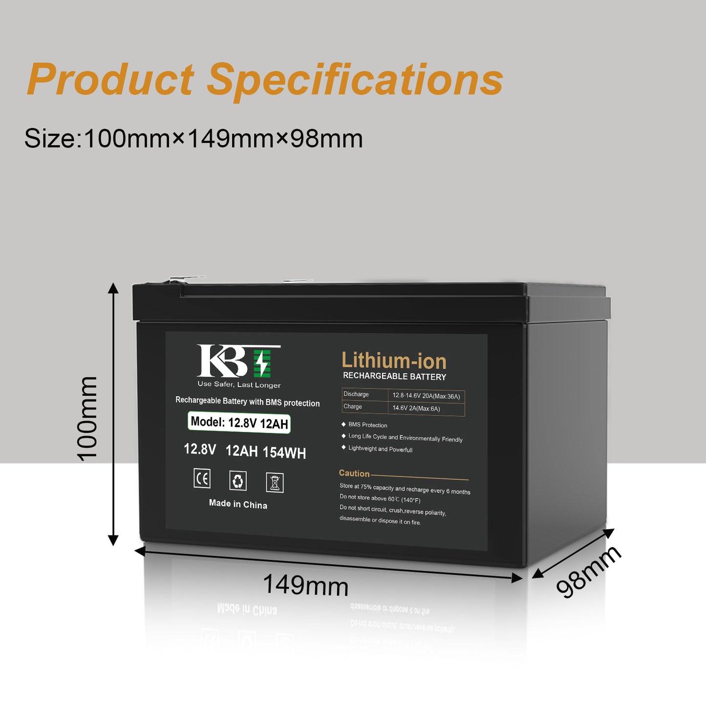 KBT 12V 12Ah Lithium LiFePO4 Battery, with 12V Fast Charger, Charging Cable for Small UPS, Powered Wheels, Ride On Car, Fish Finder, CCTV Camera, Built-in 10A BMS