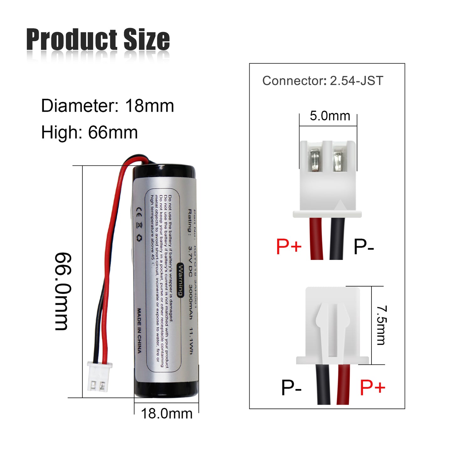 KBT 3.7V 3000mAh Rechargeable Li-ion Battery with JST 2.54 2Pin Plug, Charging Cable for Voice Power Amplifier, Speaker