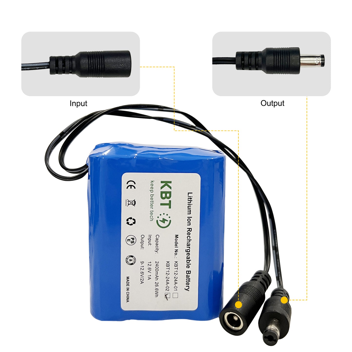 KBT 12V 2400mAh Rechargeable Li-ion Battery, DC5521 Male Connector, Replacement Battery Pack with Charger Compatible with 12V Device RC Car, Boat, Robot, DIY, LED Light Strip, CCTV Camera