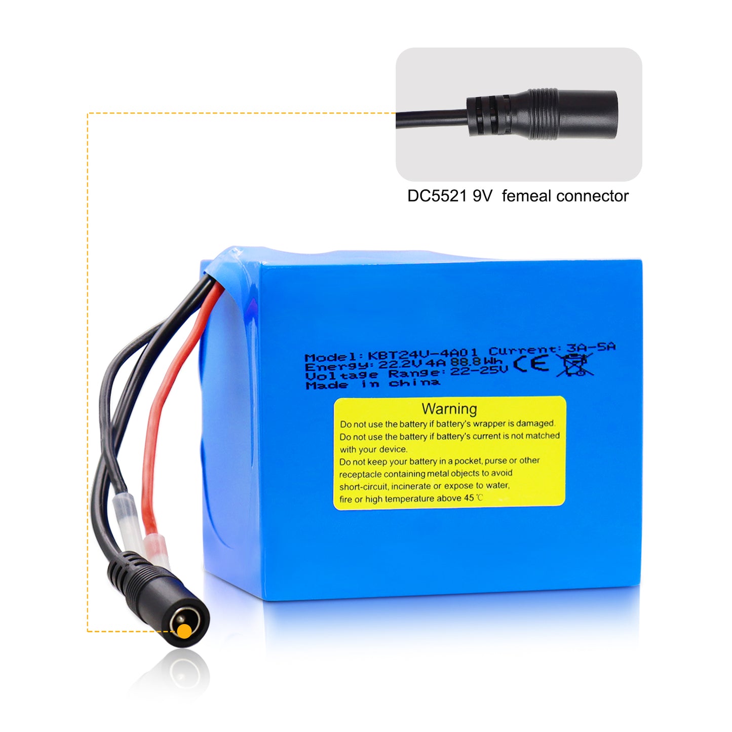 KBT 24V 4Ah Rechargeable Lithium Replacement Battery, with Charger, Charging Cable, Cable Connector for Kids Ride On Cars, Boom Box Speaker, DIY Project
