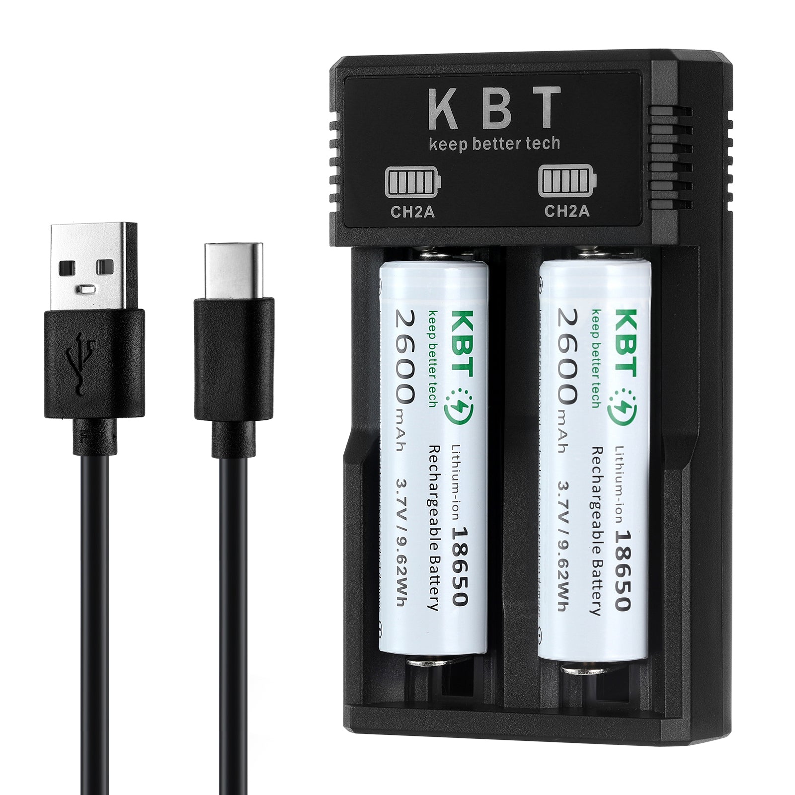 KBT 3.7V 2600mAh 18650 Rechargeable Battery with 2 Slot Charger, Button Top - 2pack KBT 3.7V 2600mAh 18650 Rechargeable Battery with 2 Slot Charger, Button Top - 2pack