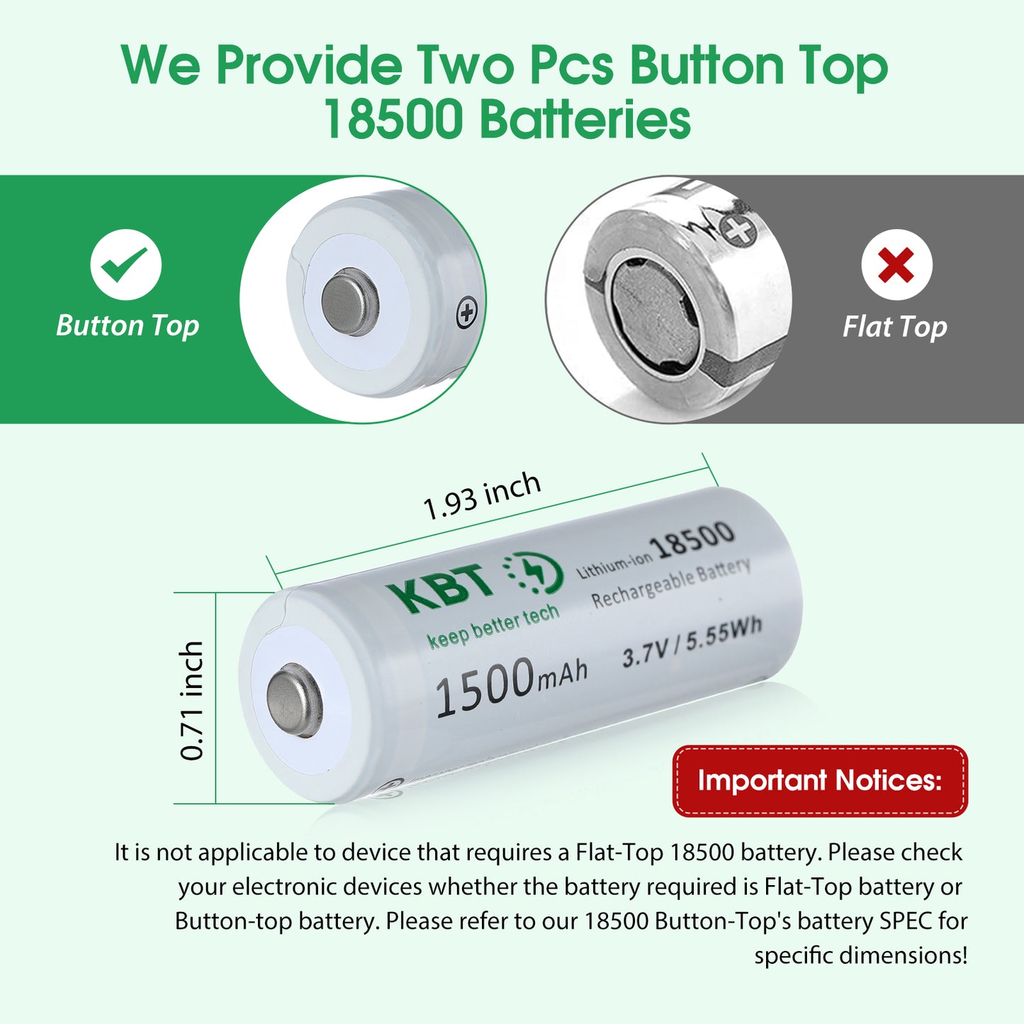KBT 3.7V 1500mAh 18500 Rechargeable Battery, Button Top