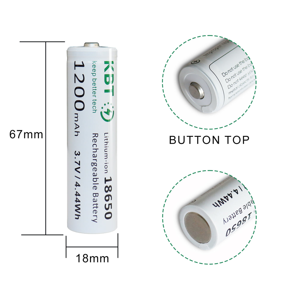 KBT 3.7V 1200mAh 18650 Rechargeable Battery, Button Top - 1pack