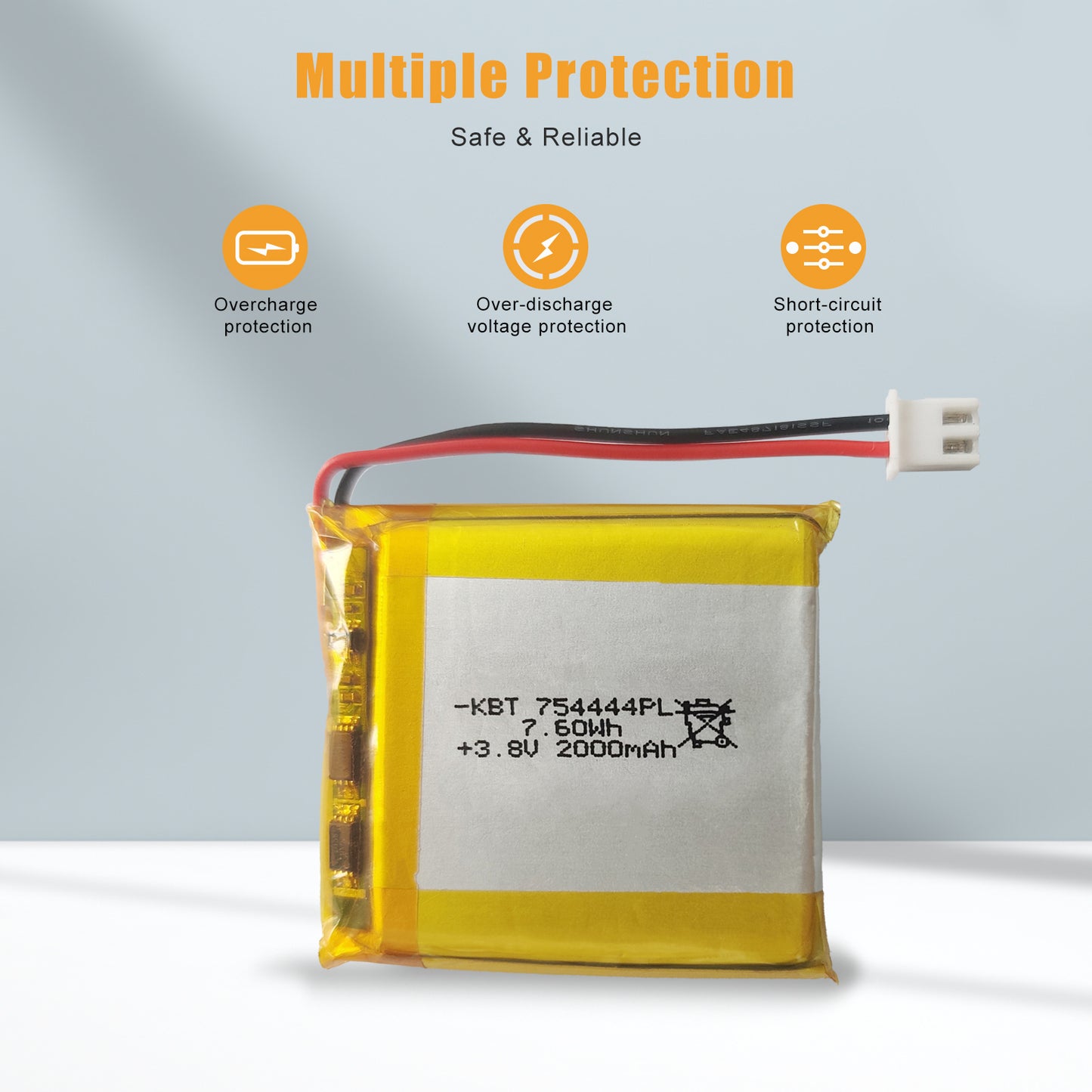 KBT 754444PL 3.8V 2000mAh Li-Polymer Rechargeable Battery with 2Pin 2.54 JST Connector