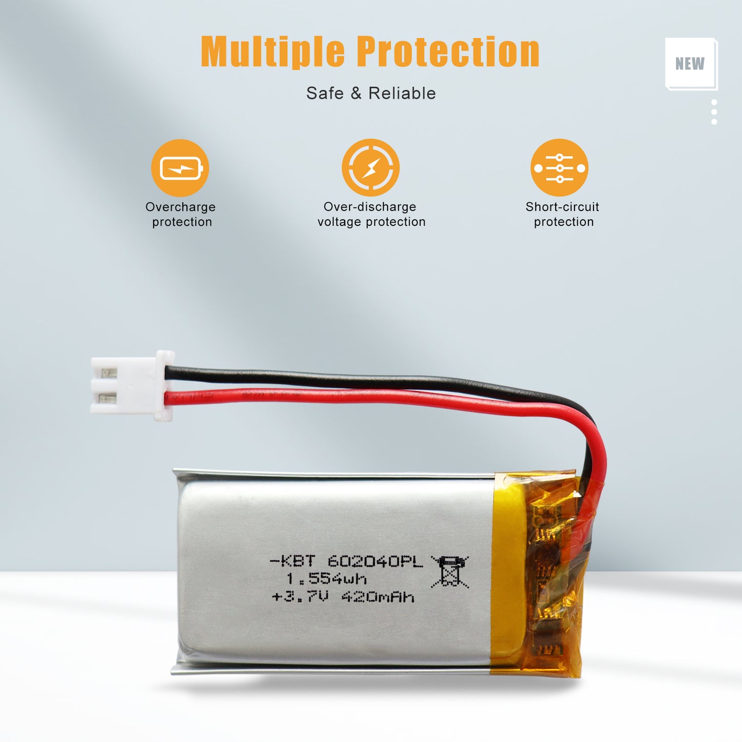 KBT 602040PL 3.7V 420mAh Li-Polymer Rechargeable Battery with 2Pin 2.54 JST Connector