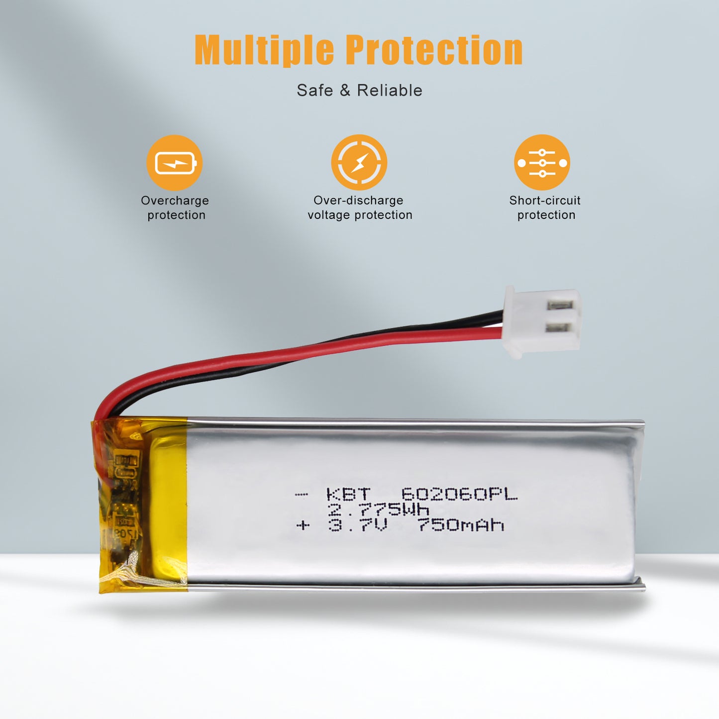 KBT 602060PL 3.7V 750mAh Li-Polymer Rechargeable Battery with 2Pin 2.54 JST Connector