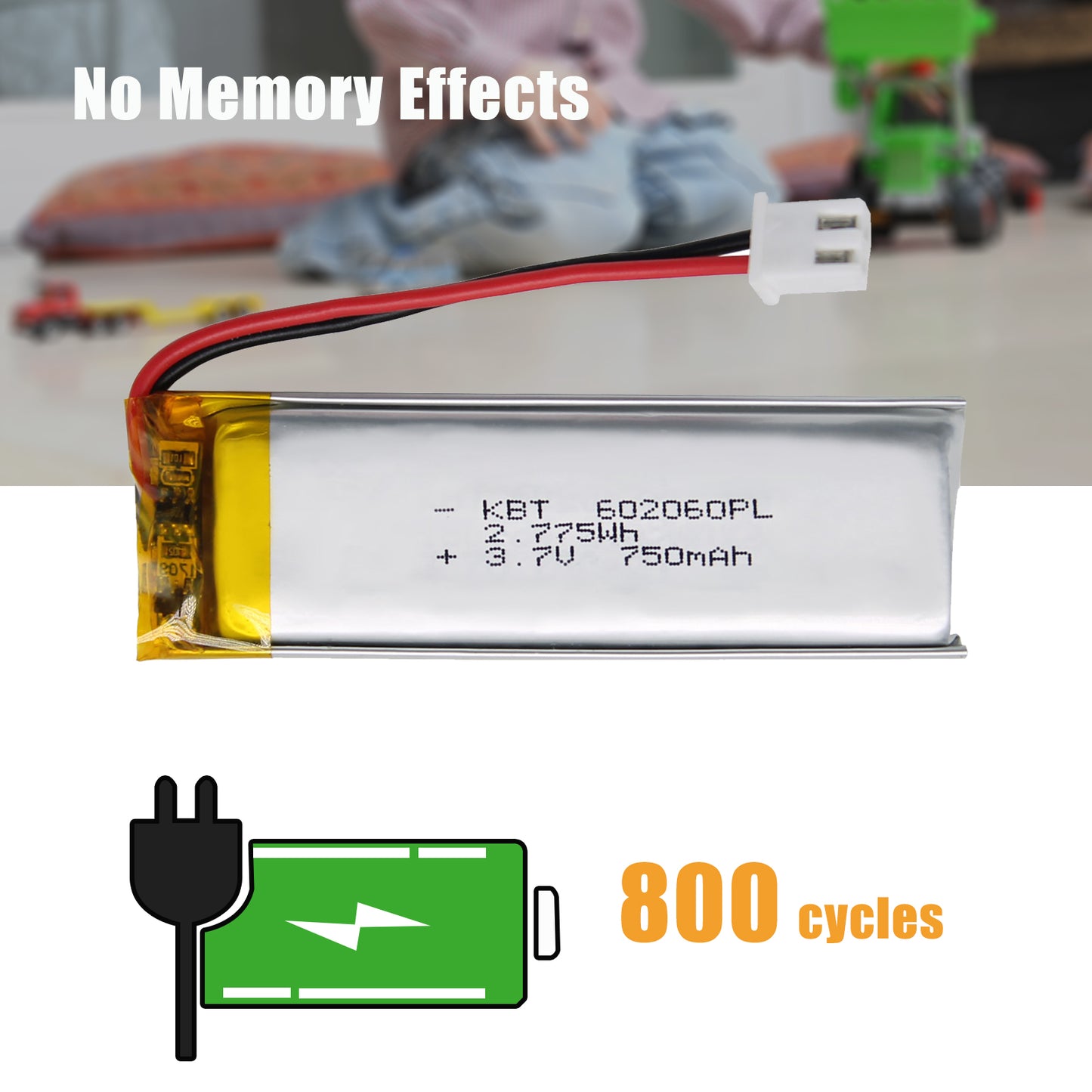 KBT 602060PL 3.7V 750mAh Li-Polymer Rechargeable Battery with 2Pin 2.54 JST Connector