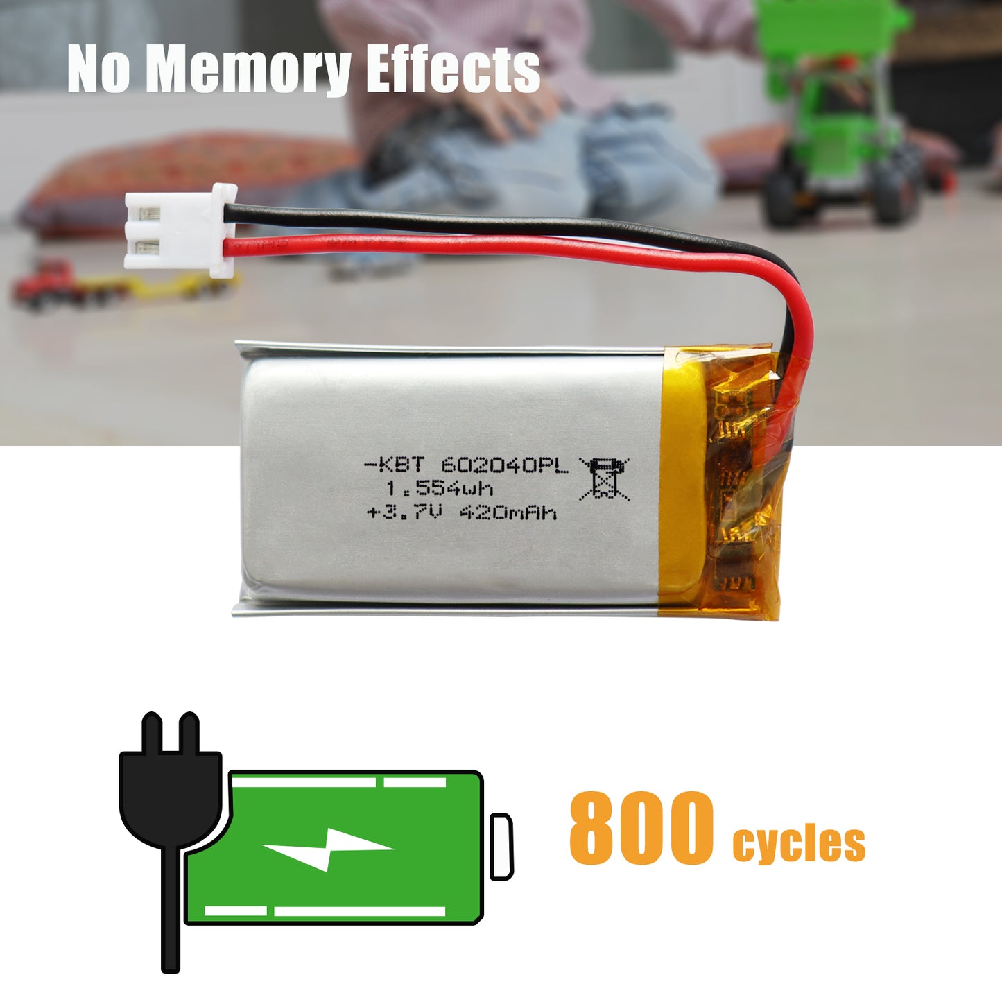 KBT 602040PL 3.7V 420mAh Li-Polymer Rechargeable Battery with 2Pin 2.54 JST Connector