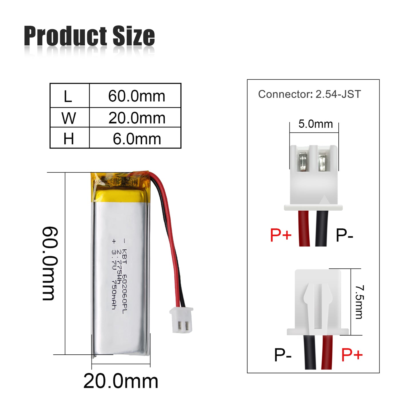 KBT 602060PL 3.7V 750mAh Li-Polymer Rechargeable Battery with 2Pin 2.54 JST Connector