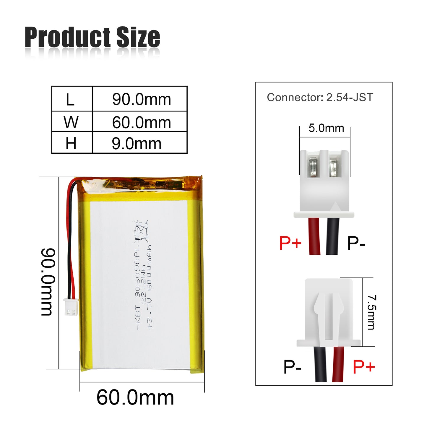 KBT 906090PL 3.7V 6000mAh Li-Polymer Rechargeable Battery with 2Pin 2.54 JST Connector