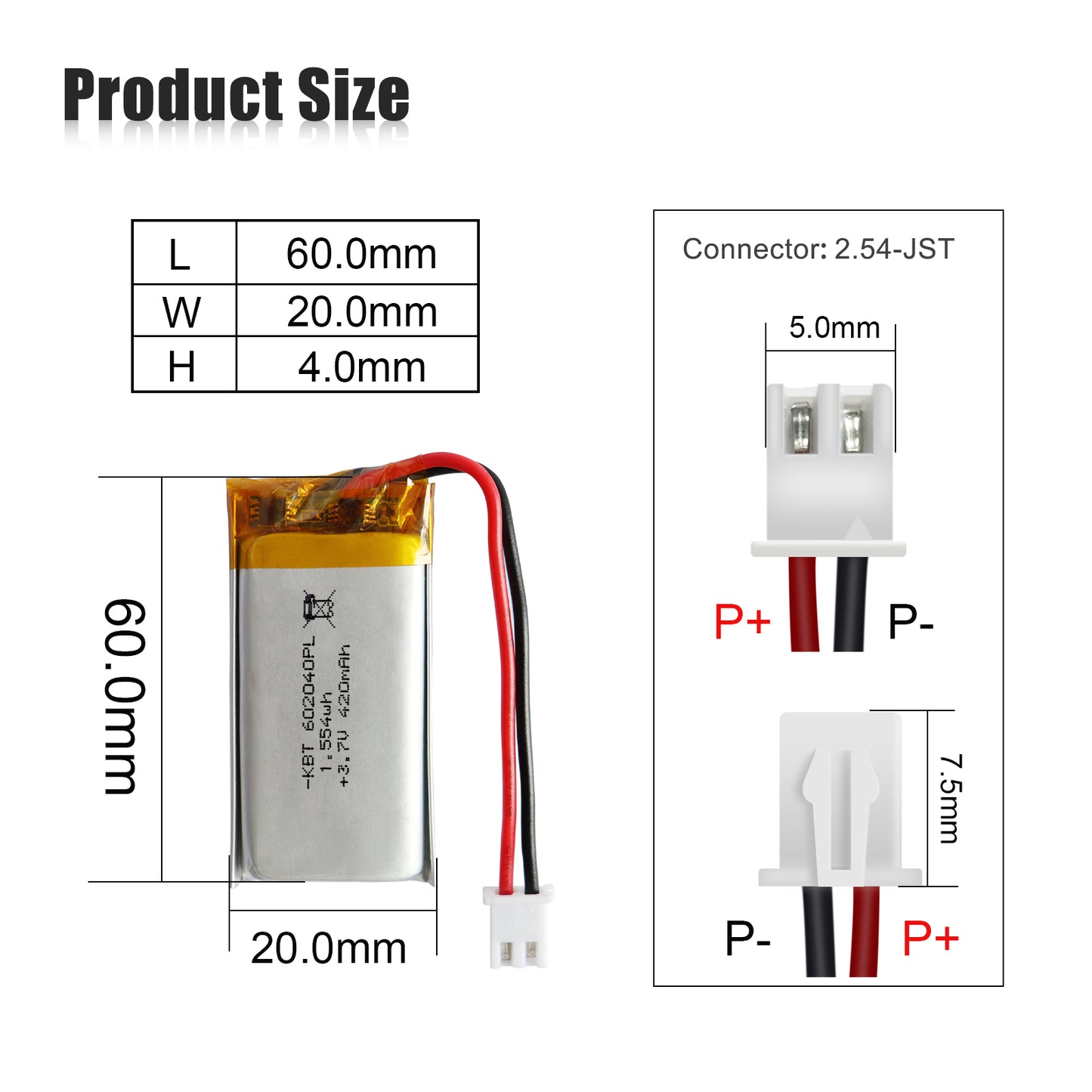KBT 602040PL 3.7V 420mAh Li-Polymer Rechargeable Battery with 2Pin 2.54 JST Connector