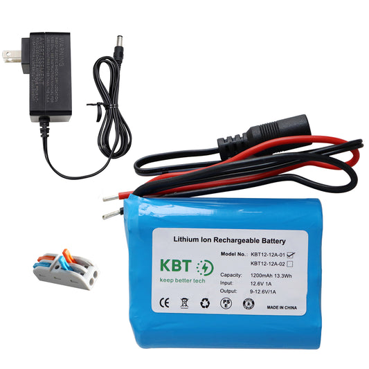KBT 12V 1200mAh Rechargeable Li-ion Battery, Bare Leads Wire Replacement Battery Pack with Charger Compatible for 12V Devices RC Car, Boat, Robot, DIY, LED Light Kit