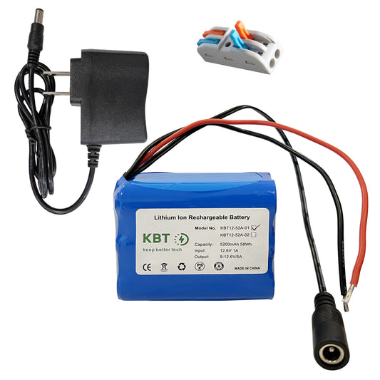 KBT 12V 5200mAh Rechargeable Li-ion Battery, Bare Leads Wire Replacement Battery Pack with Charger Compatible with 12V Devices RC Car, Boat, Robot, DIY, LED Light Strip, CCTV Camera