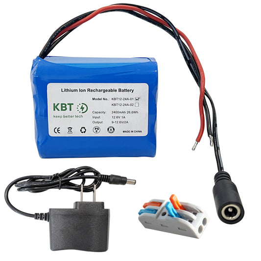 KBT 12V 2400mAh Rechargeable Li-ion Battery, Bare Leads Wire Replacement Battery Pack with Charger Compatible with 12V Devices RC Car, Boat, Robot, DIY, LED Light Strip, CCTV Camera