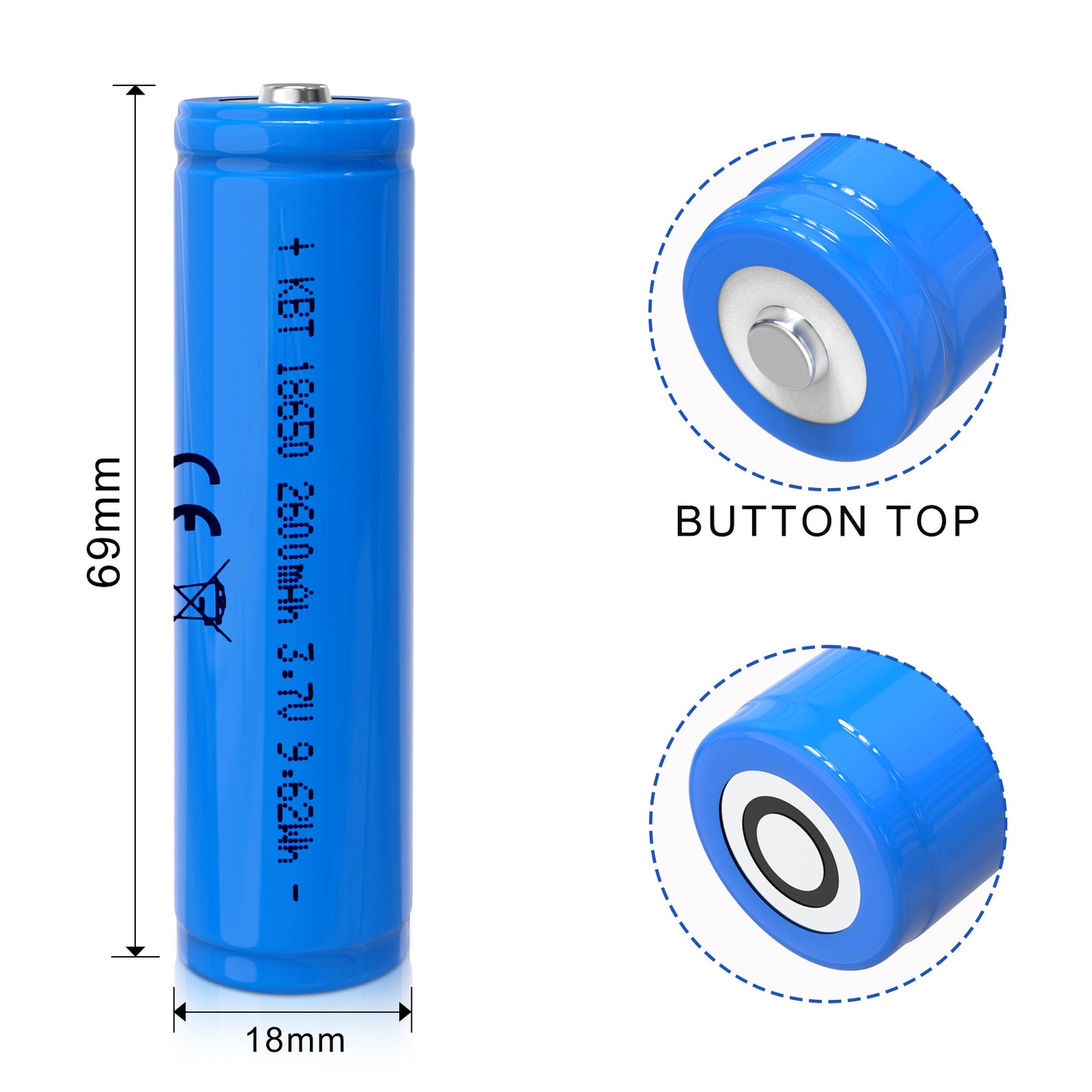 KBT Protected 18650 Rechargeable Battery, Negative&Positive in Same End, 3.7V 2600mAh, Button Top, with Protection PCB