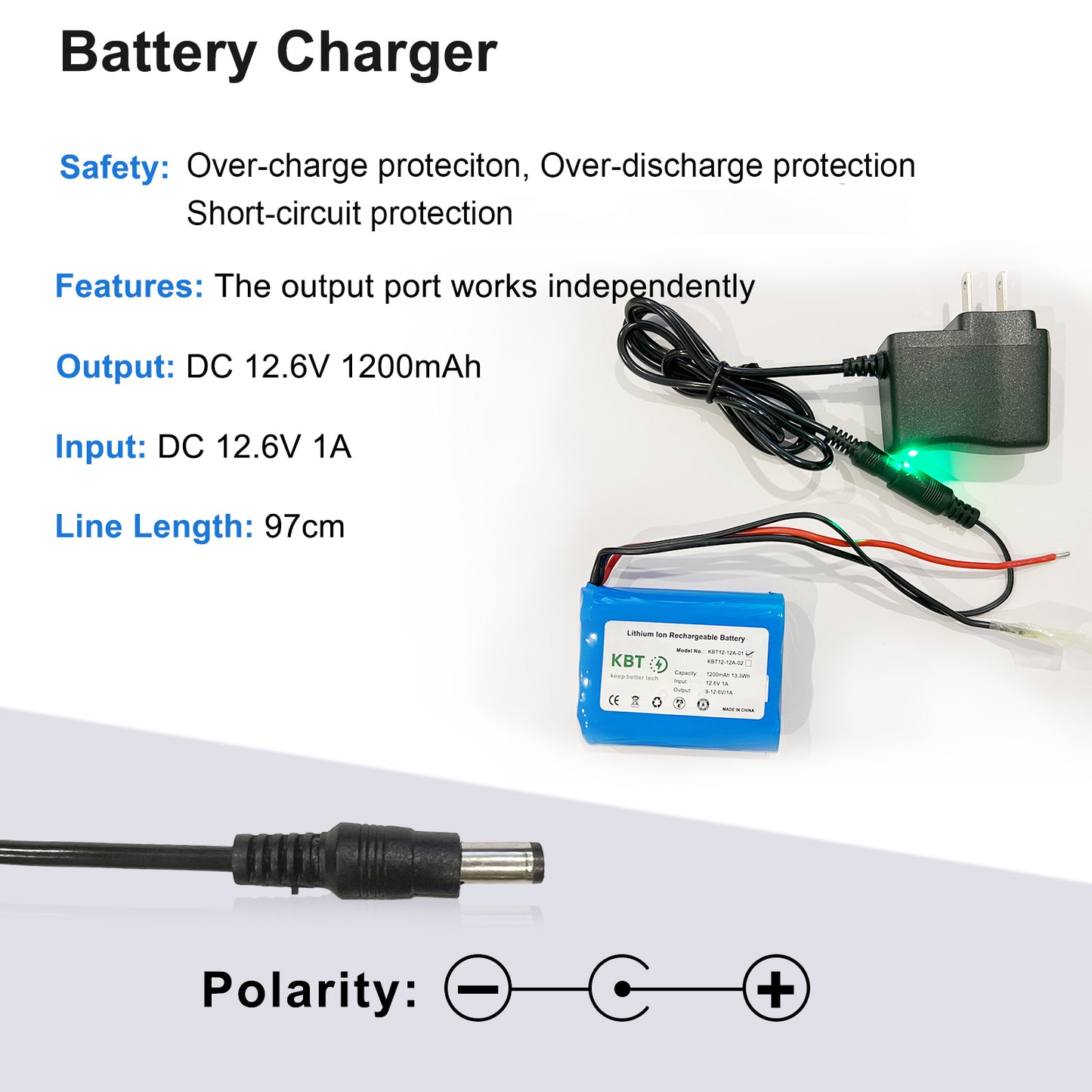 KBT 12V 1200mAh Rechargeable Li-ion Battery, Bare Leads Wire Replacement Battery Pack with Charger Compatible for 12V Devices RC Car, Boat, Robot, DIY, LED Light Kit