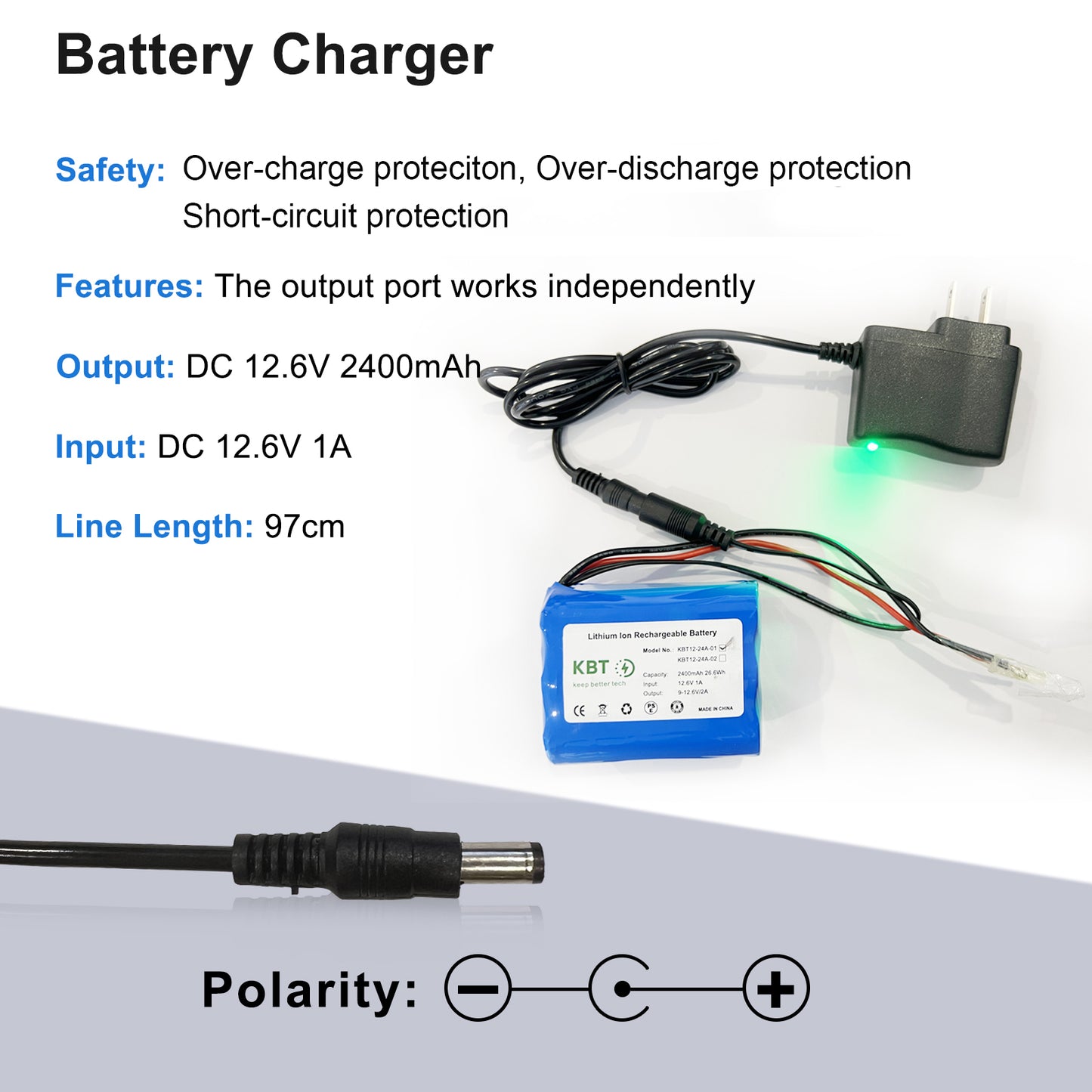 KBT 12V 2400mAh Rechargeable Li-ion Battery, Bare Leads Wire Replacement Battery Pack with Charger Compatible with 12V Devices RC Car, Boat, Robot, DIY, LED Light Strip, CCTV Camera