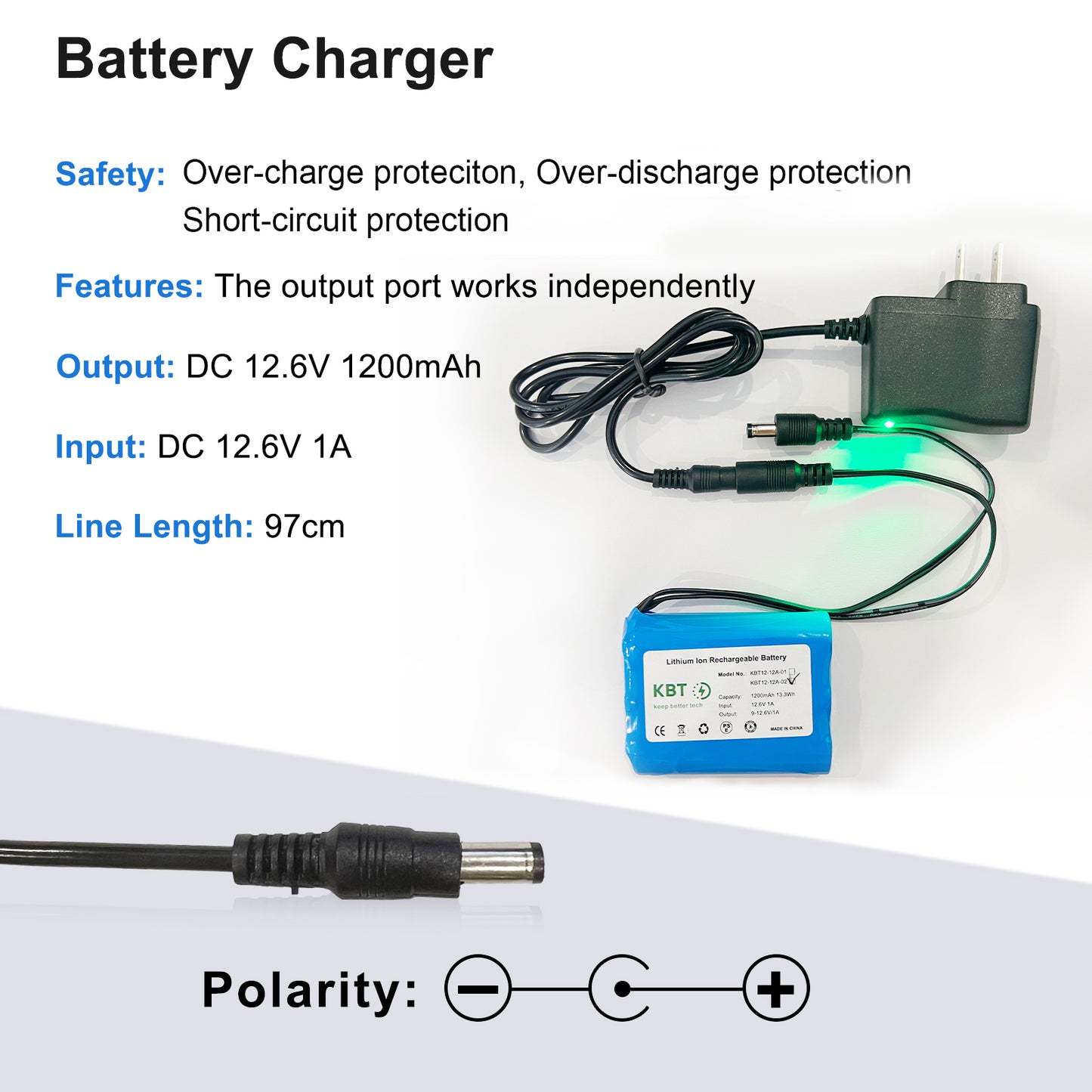 KBT 12V 1200mAh Rechargeable Li-ion Battery, 12 Volt DC5521 Male Connector, Replacement Battery Pack with Charger Compatible for 12V Devices RC Car, Boat, Robot, DIY, LED Light Strip, CCTV Camera