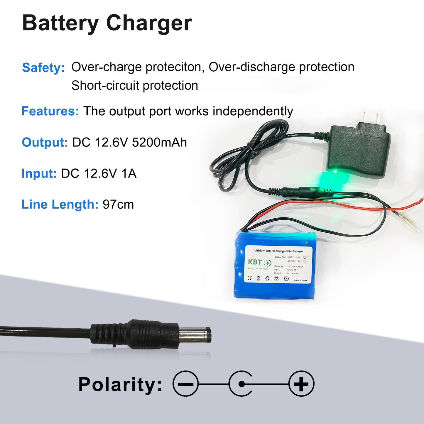 KBT 12V 5200mAh Rechargeable Li-ion Battery, Bare Leads Wire Replacement Battery Pack with Charger Compatible with 12V Devices RC Car, Boat, Robot, DIY, LED Light Strip, CCTV Camera
