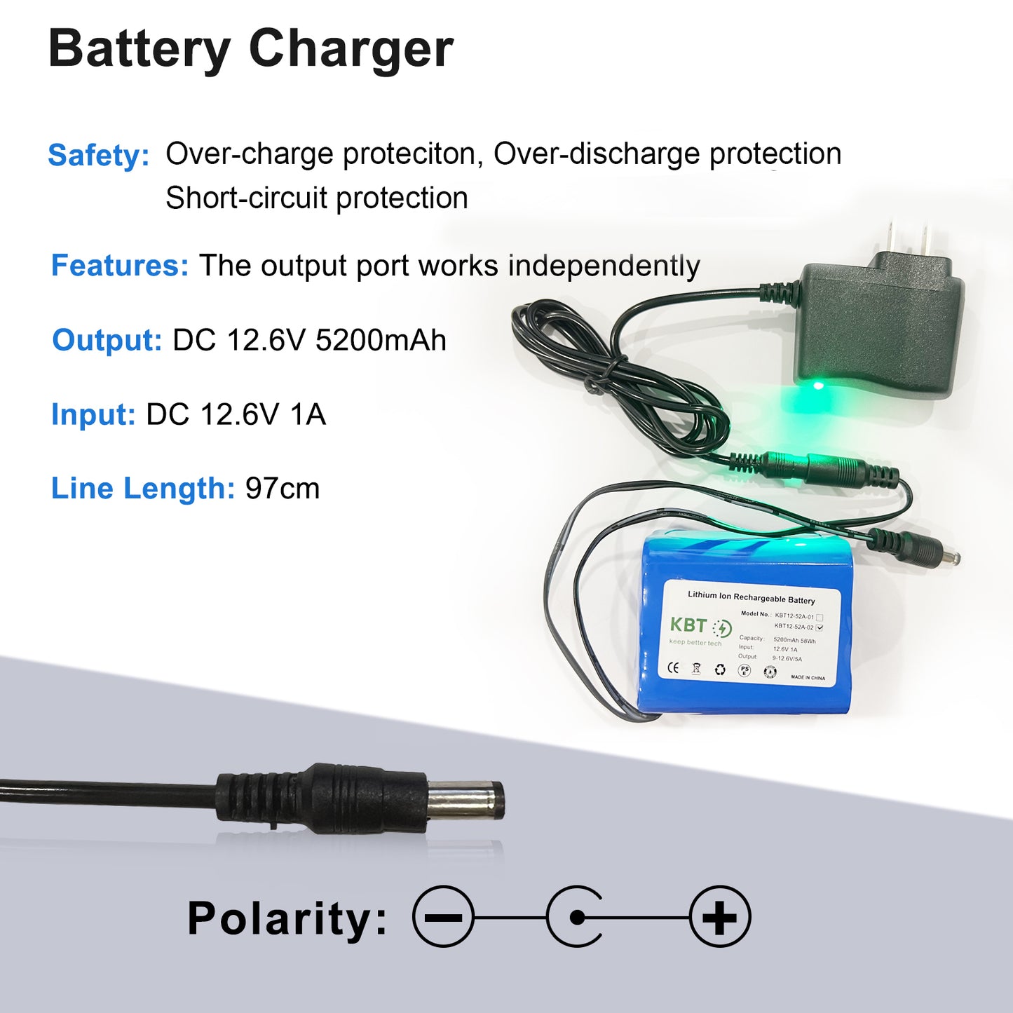 KBT 12V 5200mAh Rechargeable Li-ion Battery, DC5521 Male Connector, Replacement Battery Pack with Charger Compatible for 12V Device RC Car, Boat, Robot, DIY, LED Light Strip, CCTV Camera